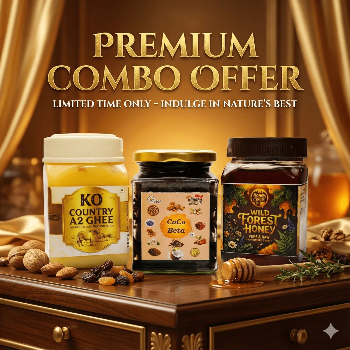 A2 COUNTRY GHEE + WILD FOREST HONEY + COCO BETA PREMIUM COMBO OFFER